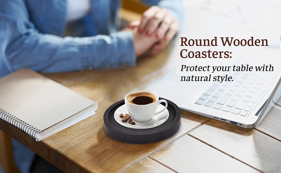 NIRMAN Wooden Coasters for Drinks Coffee Table, Round Drink Coasters with Holder for Tabletop Protection, Set of 4 (4