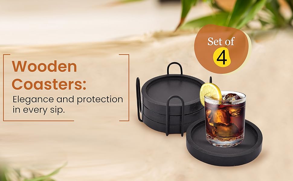 NIRMAN Wooden Coasters for Drinks Coffee Table, Round Drink Coasters with Holder for Tabletop Protection, Set of 4 (4