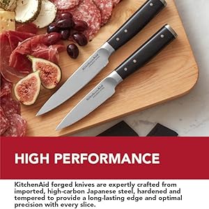 KitchenAid Gourmet Forged Triple Rivet Knife Block Set with Built-in Knife Sharpener, High Carbon Japanese Stainless Steel Kitchen Knives, Sharp Kitchen Knife Set with Block, Birchwood, 14-Piece