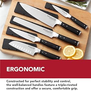 KitchenAid Gourmet Forged Triple Rivet Knife Block Set with Built-in Knife Sharpener, High Carbon Japanese Stainless Steel Kitchen Knives, Sharp Kitchen Knife Set with Block, Birchwood, 14-Piece