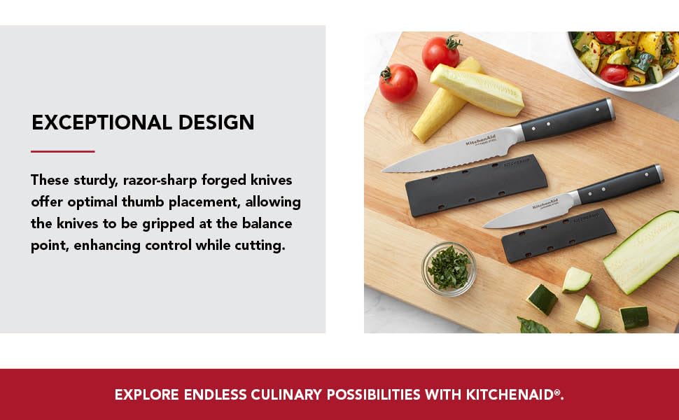 KitchenAid Gourmet Forged Triple Rivet Knife Block Set with Built-in Knife Sharpener, High Carbon Japanese Stainless Steel Kitchen Knives, Sharp Kitchen Knife Set with Block, Birchwood, 14-Piece