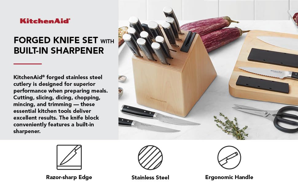 KitchenAid Gourmet Forged Triple Rivet Knife Block Set with Built-in Knife Sharpener, High Carbon Japanese Stainless Steel Kitchen Knives, Sharp Kitchen Knife Set with Block, Birchwood, 14-Piece