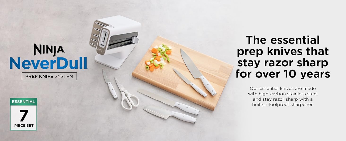 Ninja K12007WHBN NeverDull 7-Piece Prep Knife System, Essential, High Carbon Stainless Steel, Built-in Sharpener, White