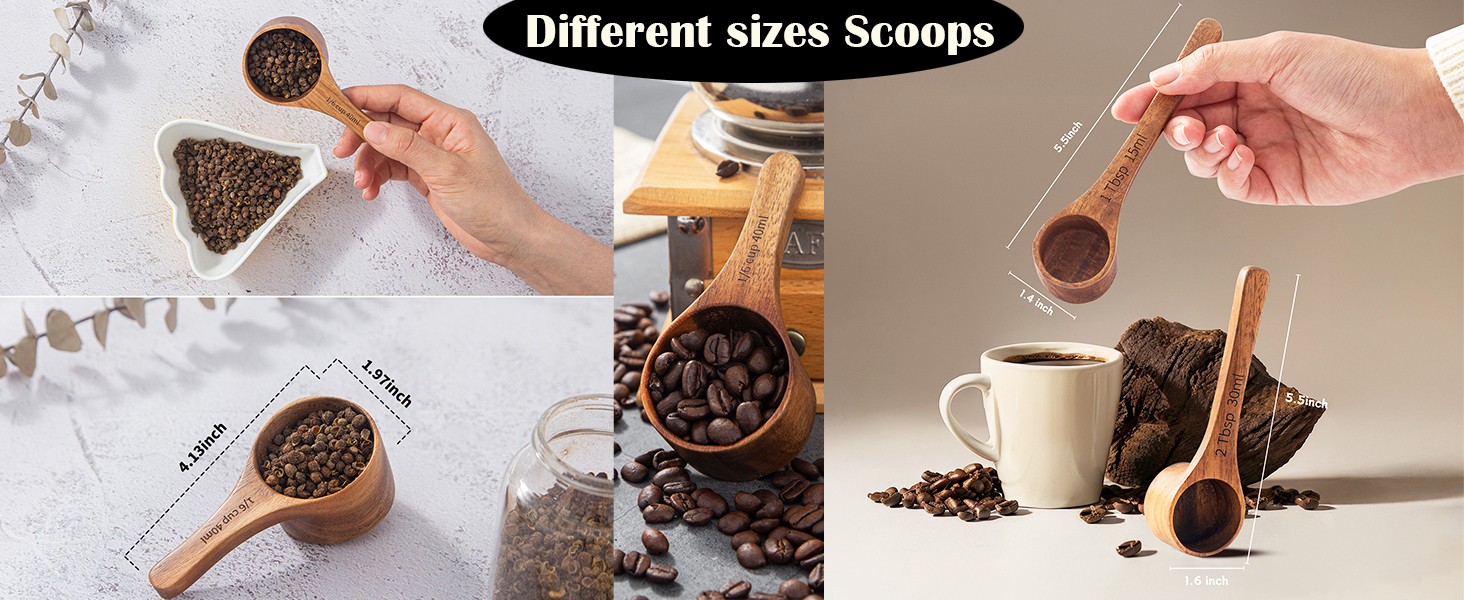 Wood Coffee Scoop-4 Pieces Wooden Scoops for Jars Small Measuring Spoons for Ground Coffee,Tea,Sugar,Seasoning-Multipurpose Wooden Scoop for Jars,Canisters,Bath Salts,Laundry Detergent(Acacia Wood)