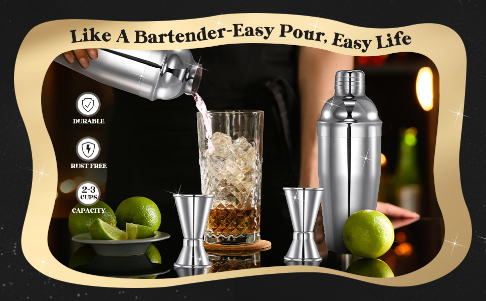 Umigy Cocktail Shaker Set Martini Shaker Bulk Stainless Steel Martini Mixer with Strainer and Double Measuring Jigger for Bar Party Home Use Wine Bar(18 Oz/ 550 ml,4 Packs)