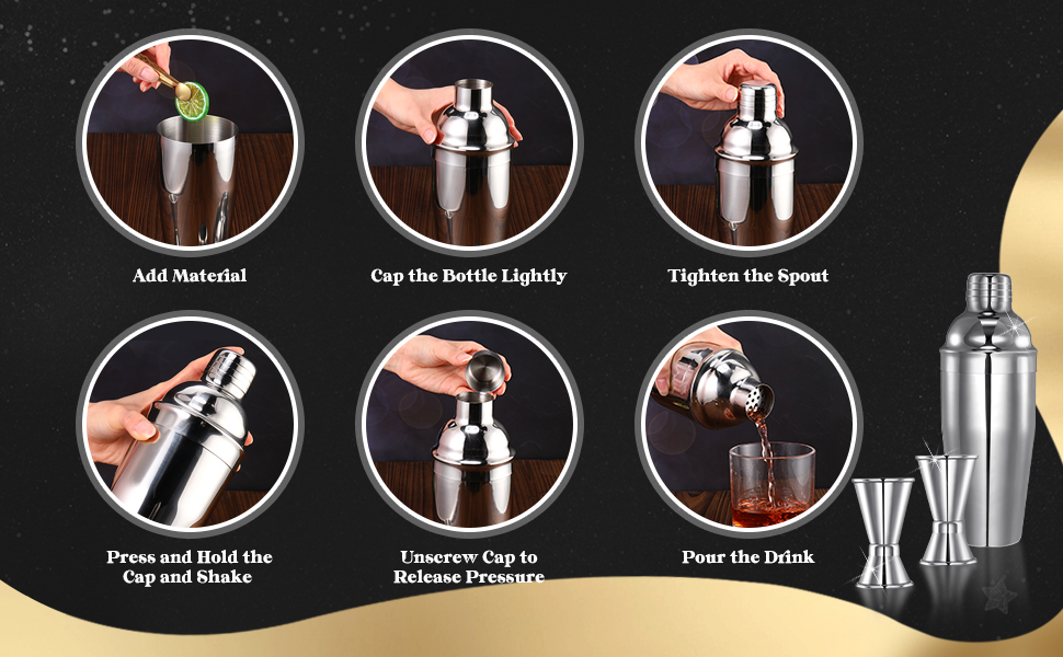 Umigy Cocktail Shaker Set Martini Shaker Bulk Stainless Steel Martini Mixer with Strainer and Double Measuring Jigger for Bar Party Home Use Wine Bar(18 Oz/ 550 ml,4 Packs)