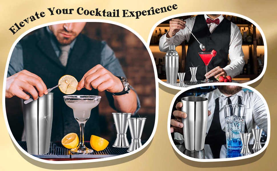 Umigy Cocktail Shaker Set Martini Shaker Bulk Stainless Steel Martini Mixer with Strainer and Double Measuring Jigger for Bar Party Home Use Wine Bar(18 Oz/ 550 ml,4 Packs)