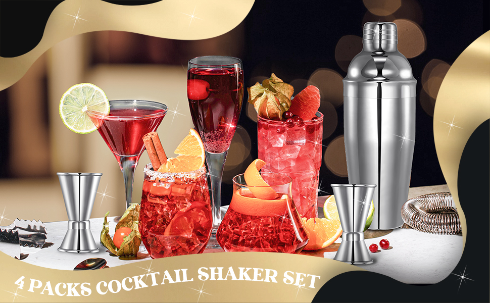 Umigy Cocktail Shaker Set Martini Shaker Bulk Stainless Steel Martini Mixer with Strainer and Double Measuring Jigger for Bar Party Home Use Wine Bar(18 Oz/ 550 ml,4 Packs)