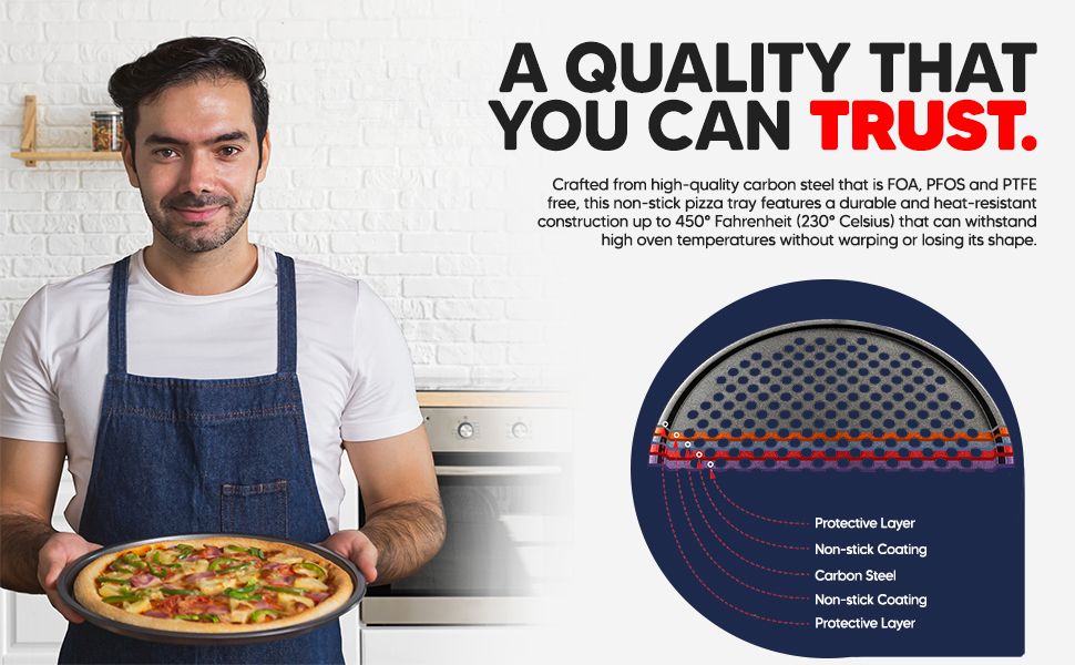 Non-Stick Pizza Pan with Holes - 13-Inch Perforated Pizza Crisper Carbon Steel Pizza Pan - 1 Round Pizza Trays PFOA PFOS and PTFE Free