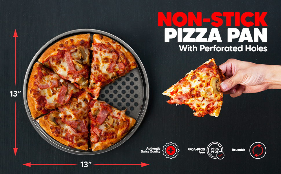 Non-Stick Pizza Pan with Holes - 13-Inch Perforated Pizza Crisper Carbon Steel Pizza Pan - 1 Round Pizza Trays PFOA PFOS and PTFE Free