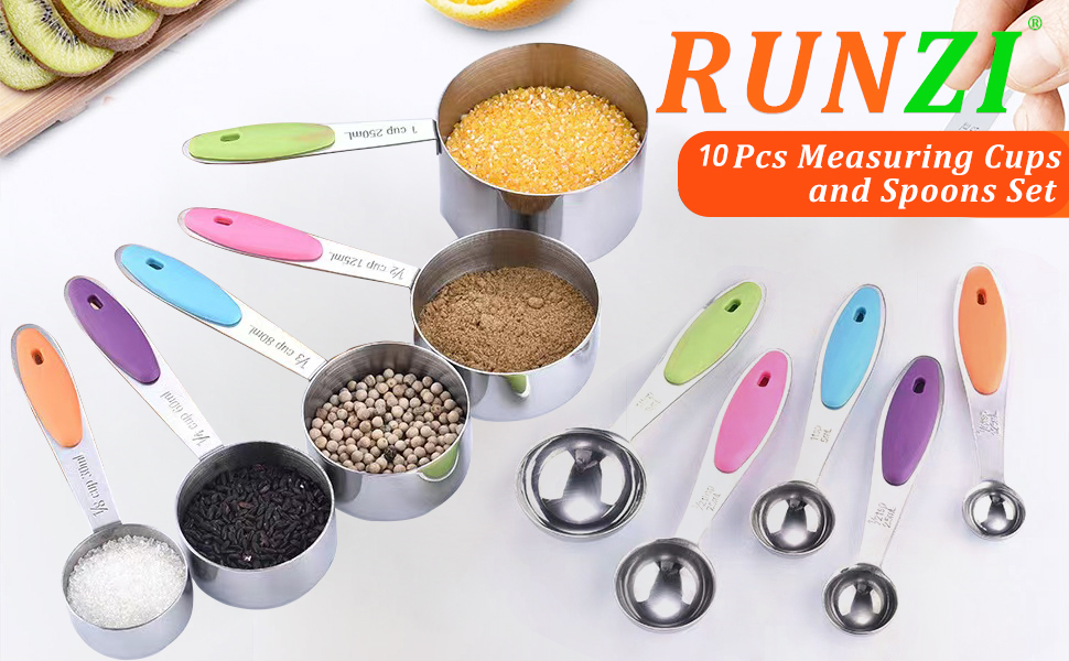 10 Pcs Measuring Cups and Spoons Set,Stackable Metal Measure Cup for Measuring Dry and Liquid Ingredients,Used Kitchen Dry Food, Cooking Baking Measurements