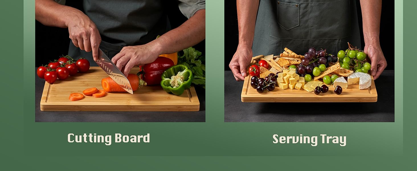 Bamboo Cutting Board for Kitchen, 18" Large Wood Charcuterie Cheese Board, Wooden Chopping Block with Side Handles and Juice Grooves