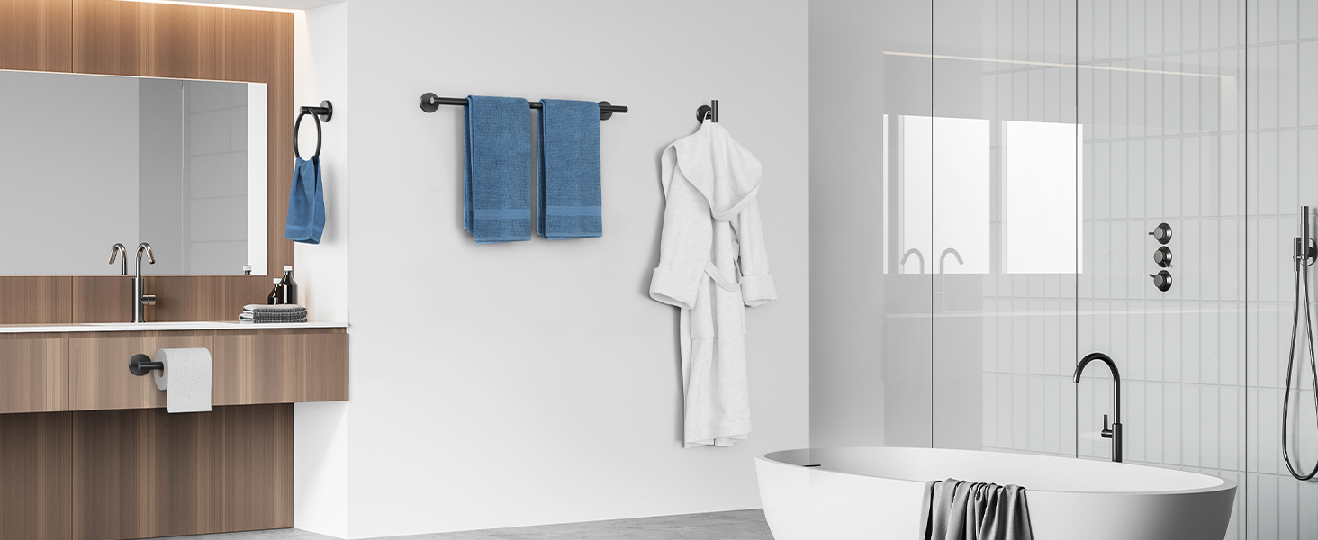 USHOWER Matte Black Bathroom Hardware Set, Modern 24-Inch Towel Bar Set Wall Mounted, Durable SUS304 Stainless Steel Bathroom Accessories Set, 4-Piece