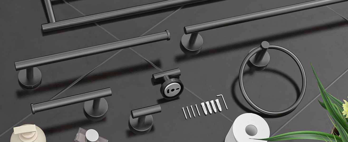 USHOWER Matte Black Bathroom Hardware Set, Modern 24-Inch Towel Bar Set Wall Mounted, Durable SUS304 Stainless Steel Bathroom Accessories Set, 4-Piece