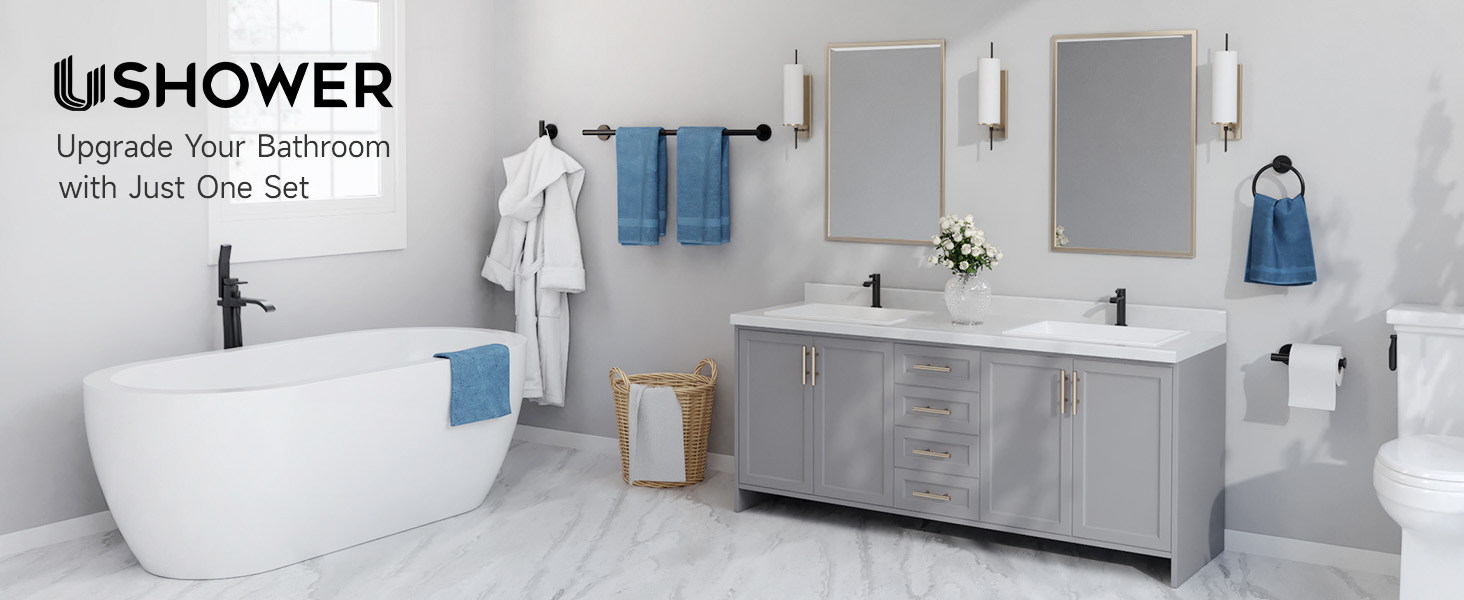 USHOWER Matte Black Bathroom Hardware Set, Modern 24-Inch Towel Bar Set Wall Mounted, Durable SUS304 Stainless Steel Bathroom Accessories Set, 4-Piece