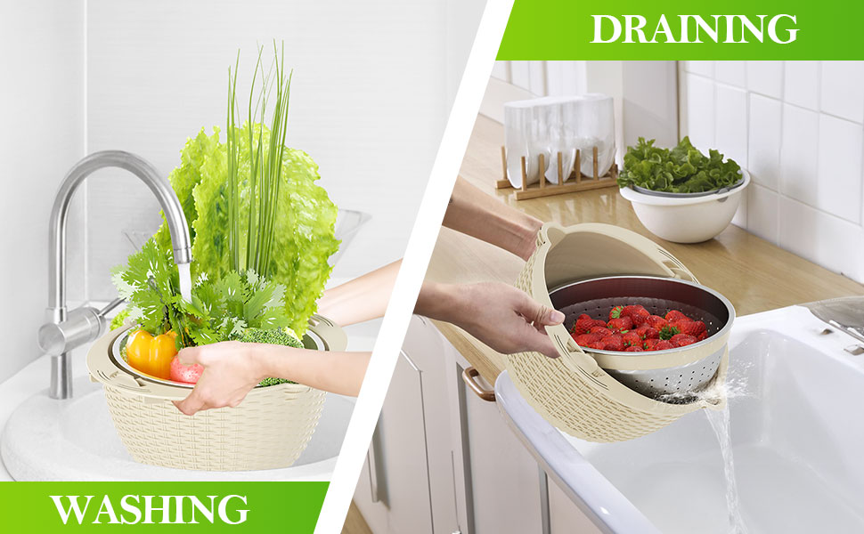 4-1 Colander with Bowl Set - Rotatable Strainers for Kitchen, Food Strainers and Colanders, Funny Presents for Women, Fruit Cleaner, Veggie Wash, Aesthetic Kitchen Gadget Essentials - Beige