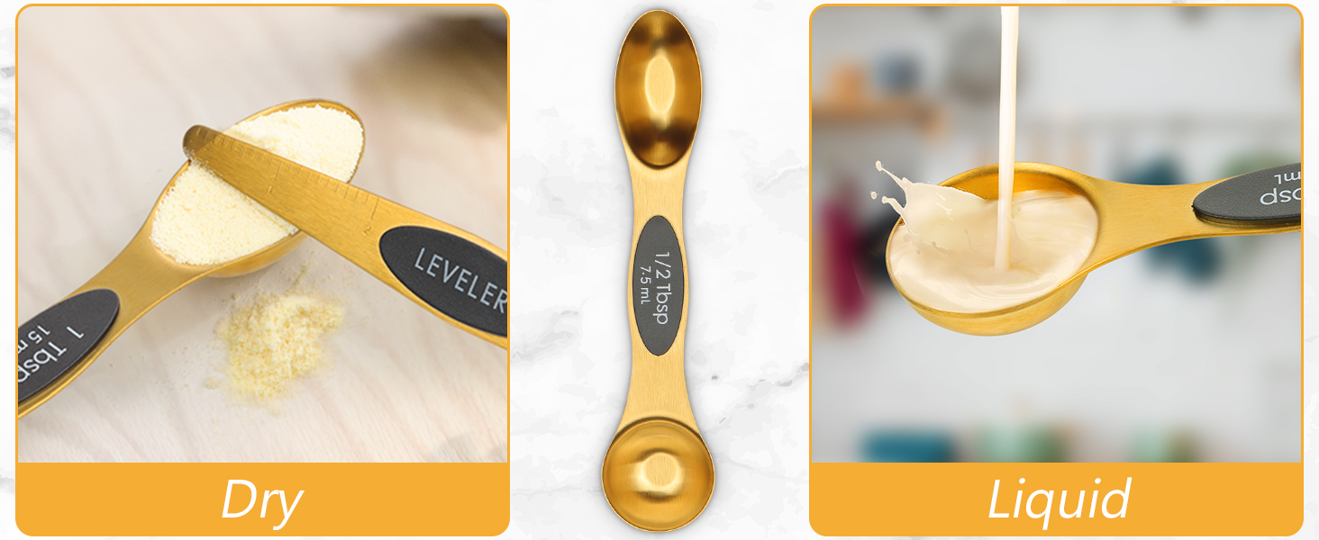 GuDoQi Gold Magnetic Measuring Spoons and Cups Set of 12, 8 Dual Sided Magnetic Measuring Spoons set with Leveler, 4 Measuring Cups, Premium Stainless Steel, Measuring for Liquid and Dry Ingredients
