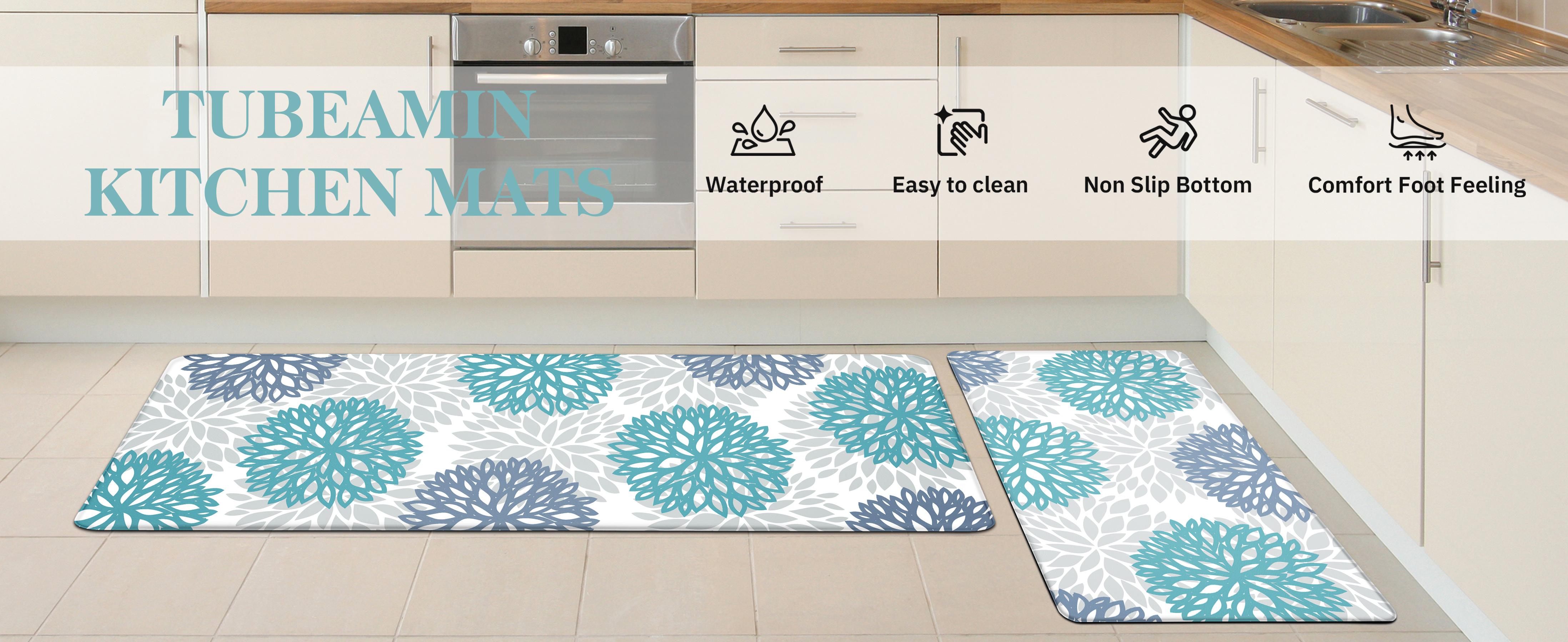Teal Kitchen Mats Set of 2 Cushioned Anti Fatigue Kitchen Rugs Non Slip Waterproof Runner Memory Foam Kitchen Floor Mat Comfort Standing Mat for Sink,Office,Laundry