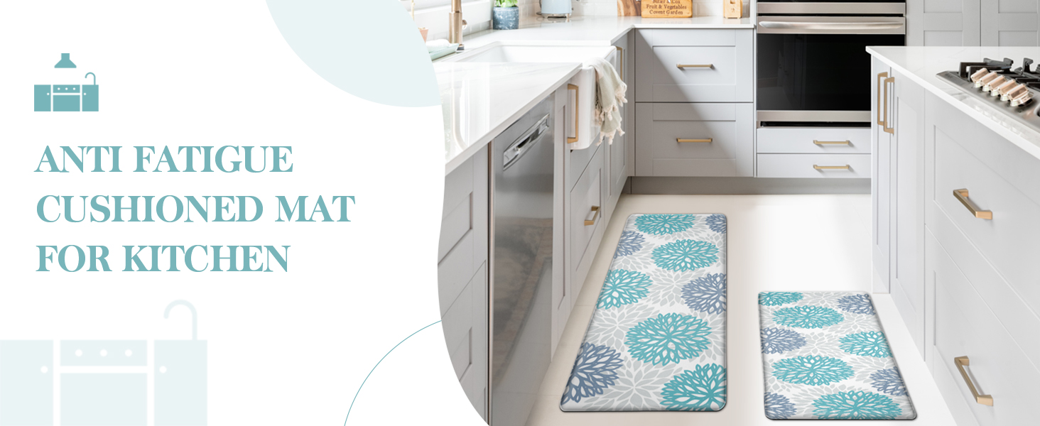 Teal Kitchen Mats Set of 2 Cushioned Anti Fatigue Kitchen Rugs Non Slip Waterproof Runner Memory Foam Kitchen Floor Mat Comfort Standing Mat for Sink,Office,Laundry