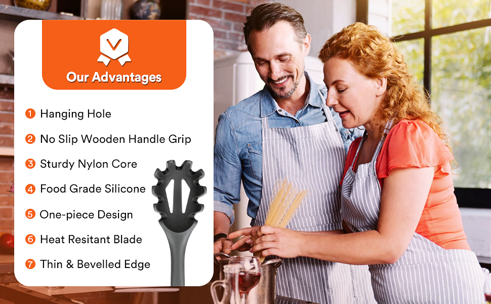 Silicone Pasta Fork, Kitchen Heat Resistant Noodle Spoon Server, BPA Free Spaghetti Strainer,12.8 inch (Grey)