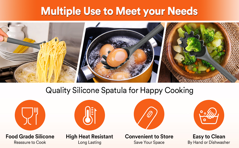 Silicone Pasta Fork, Kitchen Heat Resistant Noodle Spoon Server, BPA Free Spaghetti Strainer,12.8 inch (Grey)