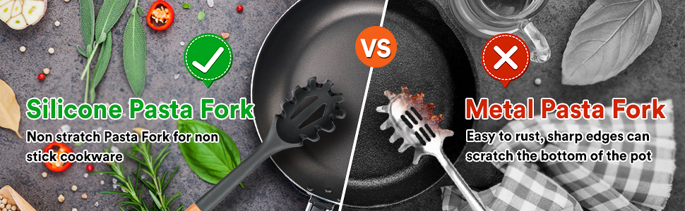 Silicone Pasta Fork, Kitchen Heat Resistant Noodle Spoon Server, BPA Free Spaghetti Strainer,12.8 inch (Grey)