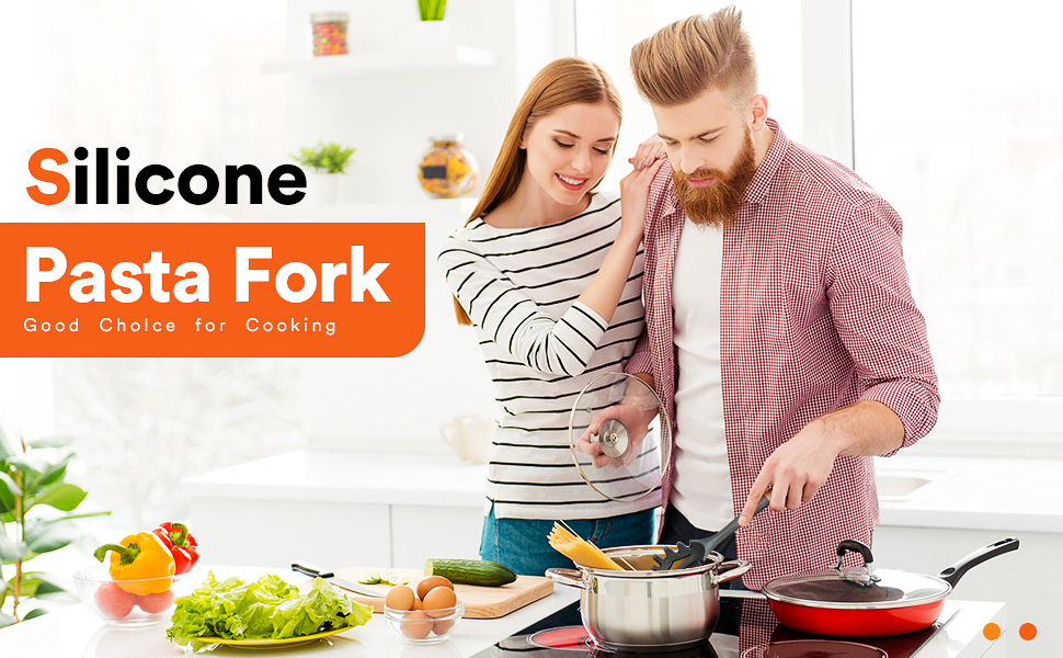 Silicone Pasta Fork, Kitchen Heat Resistant Noodle Spoon Server, BPA Free Spaghetti Strainer,12.8 inch (Grey)