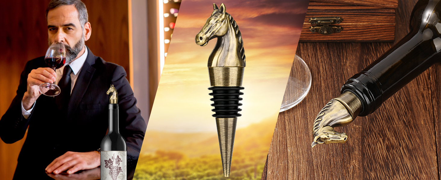 Horse Head Wine Stopper, Horse Wine Gifts Birthday Gifts for Men Women, Bottle Stoppers for Wine Champagne, Dark Silver with Gift Box