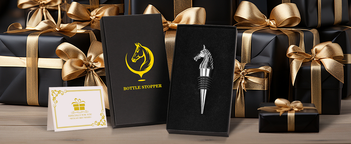 Horse Head Wine Stopper, Horse Wine Gifts Birthday Gifts for Men Women, Bottle Stoppers for Wine Champagne, Dark Silver with Gift Box