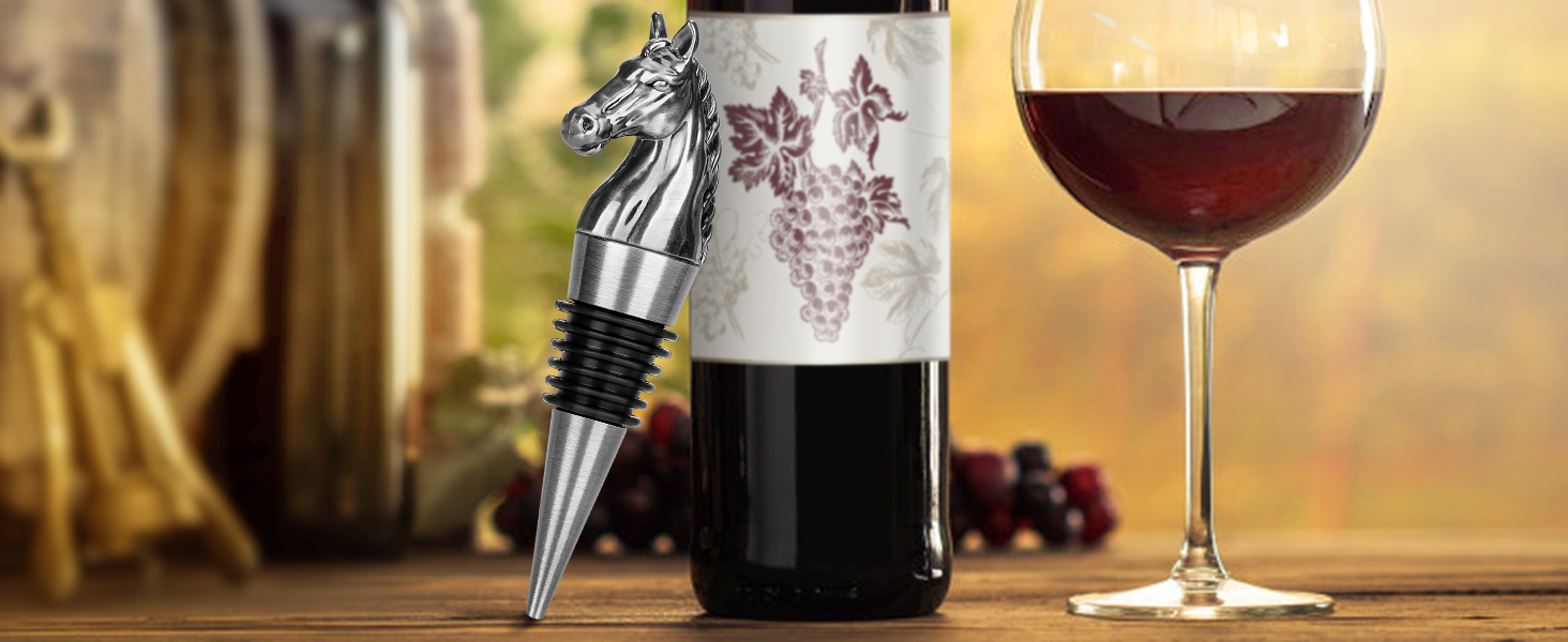 Horse Head Wine Stopper, Horse Wine Gifts Birthday Gifts for Men Women, Bottle Stoppers for Wine Champagne, Dark Silver with Gift Box