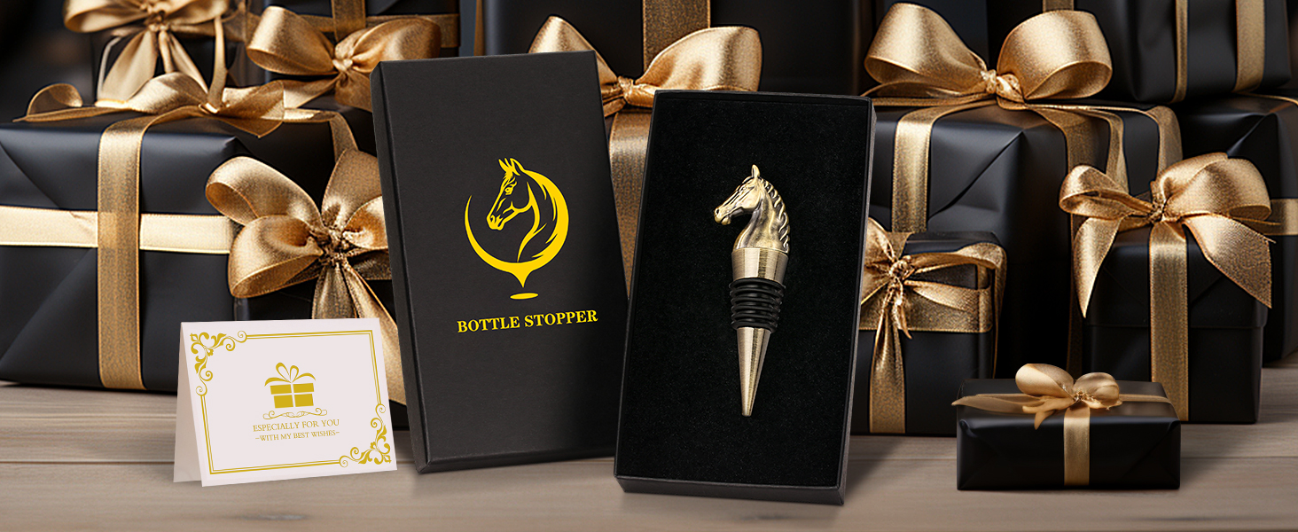Horse Head Wine Stopper, Horse Wine Gifts Birthday Gifts for Men Women, Bottle Stoppers for Wine Champagne, Dark Silver with Gift Box