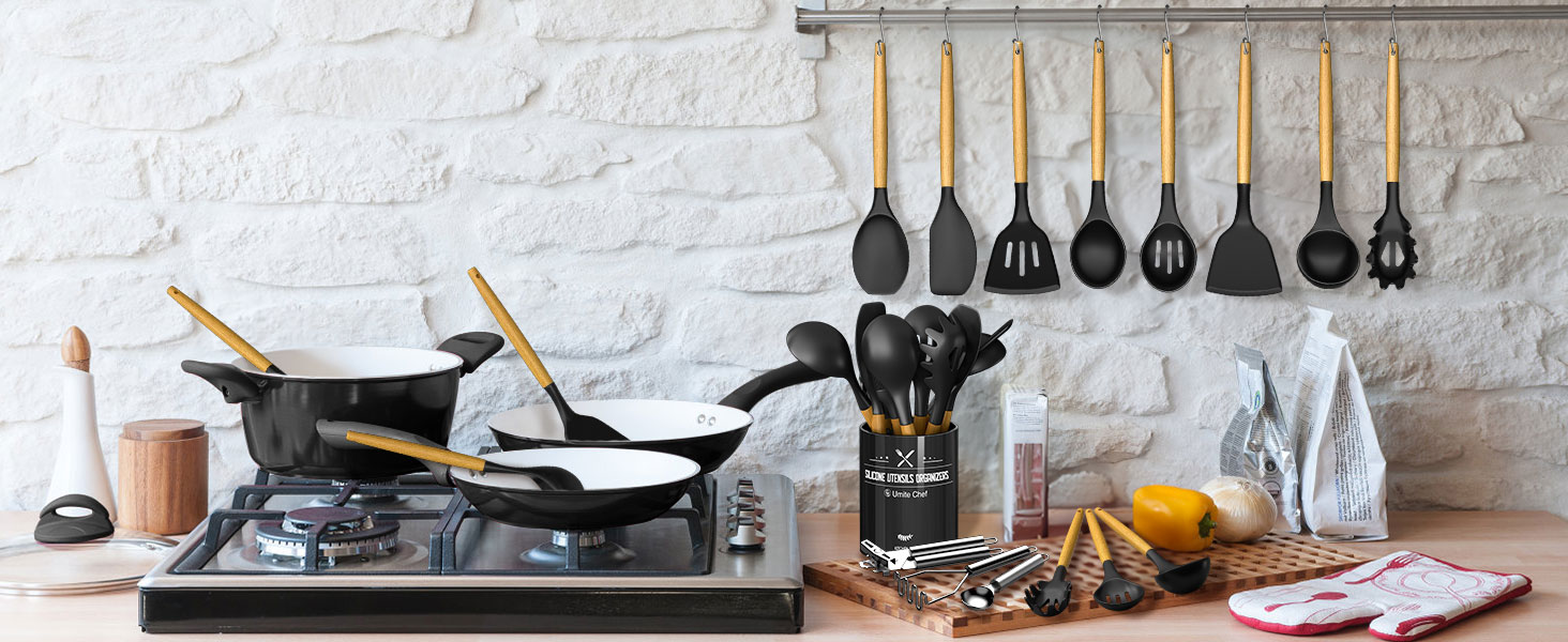 Kitchen Utensils Set- 34PCS Silicone Cooking Utensil with Holder, Umite Chef Heat Resistant Kitchen Spatula Set for Nonstick Cookware, Black Wooden Handles Kitchen Gadgets Tools Set