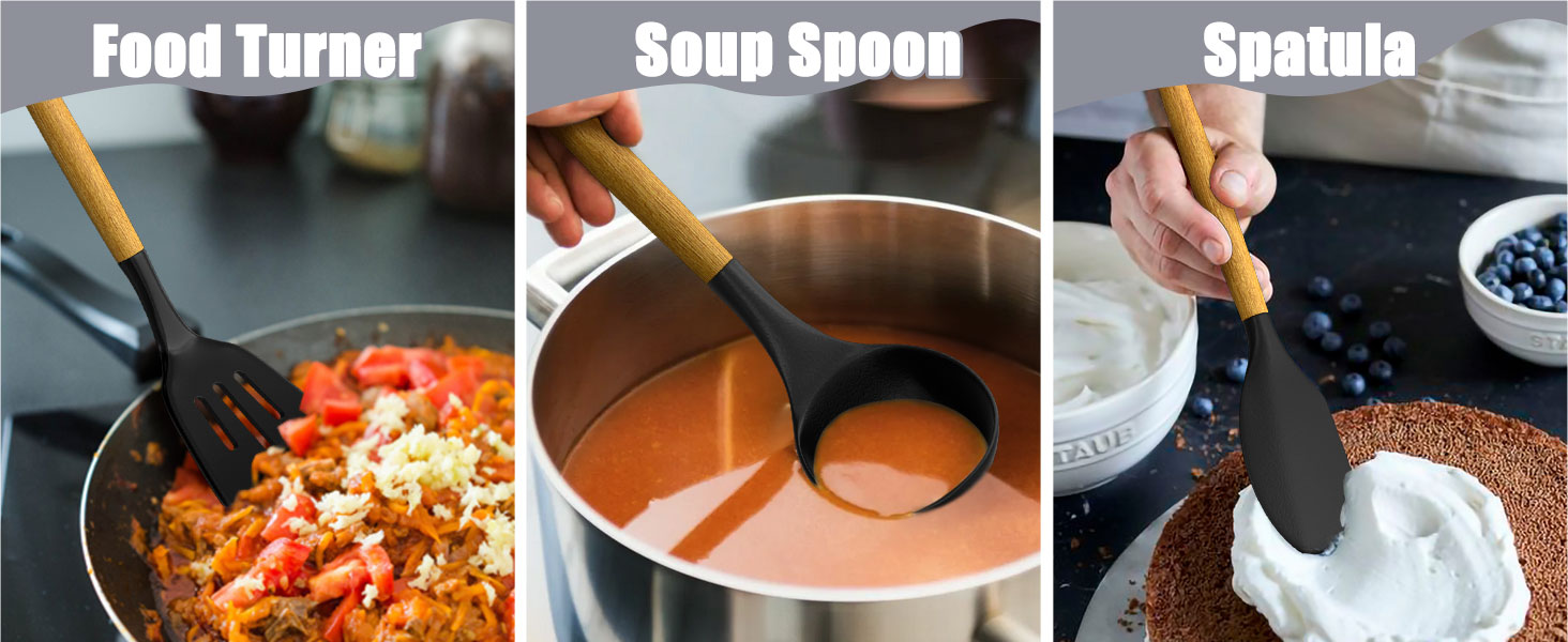 Kitchen Utensils Set- 34PCS Silicone Cooking Utensil with Holder, Umite Chef Heat Resistant Kitchen Spatula Set for Nonstick Cookware, Black Wooden Handles Kitchen Gadgets Tools Set