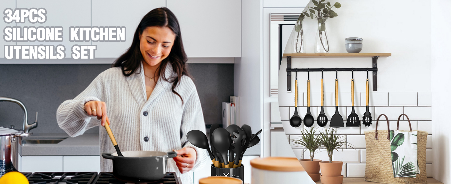 Kitchen Utensils Set- 34PCS Silicone Cooking Utensil with Holder, Umite Chef Heat Resistant Kitchen Spatula Set for Nonstick Cookware, Black Wooden Handles Kitchen Gadgets Tools Set