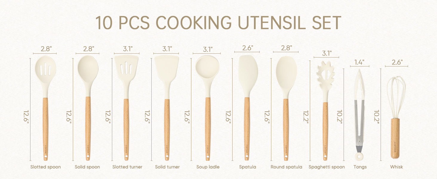 CAROTE Silicone Cooking Utensils Set, Kitchen Utensils Set 10 Pcs for cooking, BPA Free Spatula Set with Heat Resistant Wood Handles for Nonstick Cookware (Cream White)