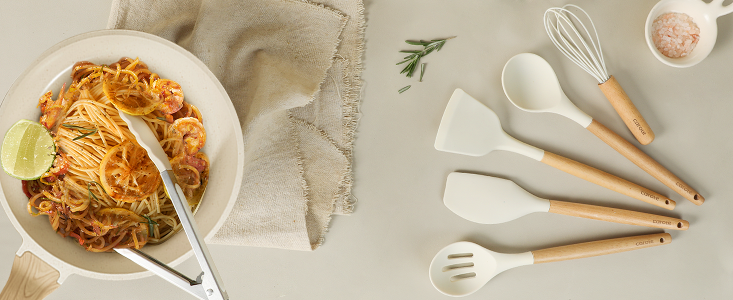 CAROTE Silicone Cooking Utensils Set, Kitchen Utensils Set 10 Pcs for cooking, BPA Free Spatula Set with Heat Resistant Wood Handles for Nonstick Cookware (Cream White)