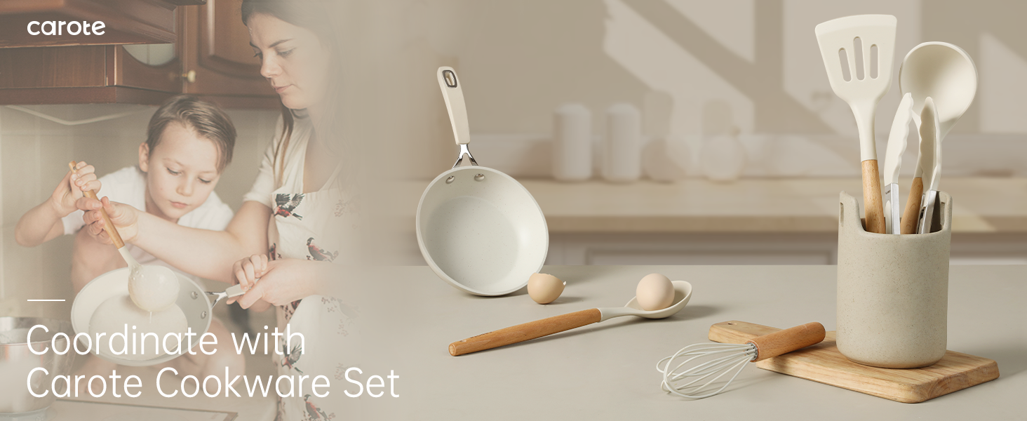 CAROTE Silicone Cooking Utensils Set, Kitchen Utensils Set 10 Pcs for cooking, BPA Free Spatula Set with Heat Resistant Wood Handles for Nonstick Cookware (Cream White)