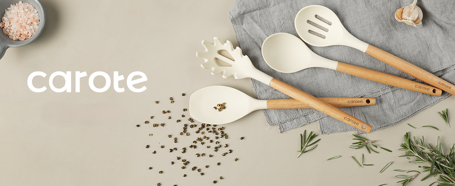 CAROTE Silicone Cooking Utensils Set, Kitchen Utensils Set 10 Pcs for cooking, BPA Free Spatula Set with Heat Resistant Wood Handles for Nonstick Cookware (Cream White)