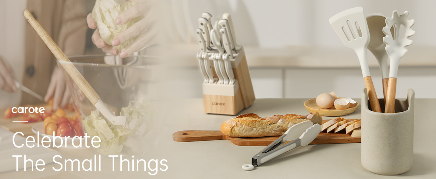 CAROTE Silicone Cooking Utensils Set, Kitchen Utensils Set 10 Pcs for cooking, BPA Free Spatula Set with Heat Resistant Wood Handles for Nonstick Cookware (Cream White)