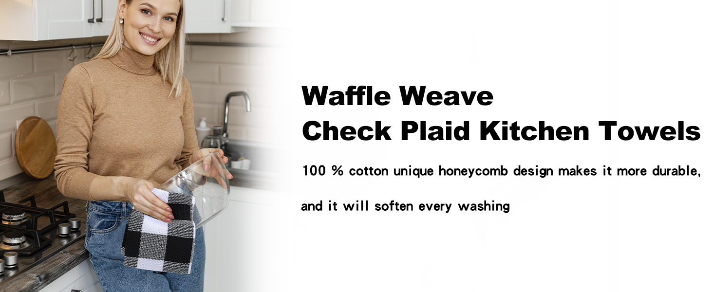 Homaxy Kitchen Towels and Dishcloths Set, 12 x 12 and 13 x 28 Inches, Set of 8 100% Cotton Waffle Weave Check Plaid Kitchen Dish Towels, Super Soft and Absorbent Dish Cloths, Black & Grey