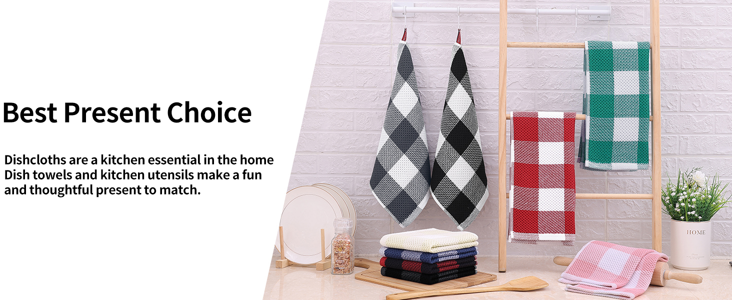 Homaxy Kitchen Towels and Dishcloths Set, 12 x 12 and 13 x 28 Inches, Set of 8 100% Cotton Waffle Weave Check Plaid Kitchen Dish Towels, Super Soft and Absorbent Dish Cloths, Black & Grey