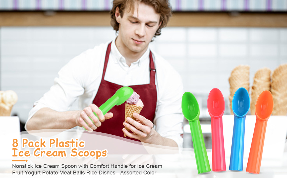 8 Pack Plastic Ice Cream Scoop Nonstick Ice Cream Spoon with Comfort Handle for Ice Cream Fruit Yogurt Potato Meat Balls Rice Dishes - Assorted Color