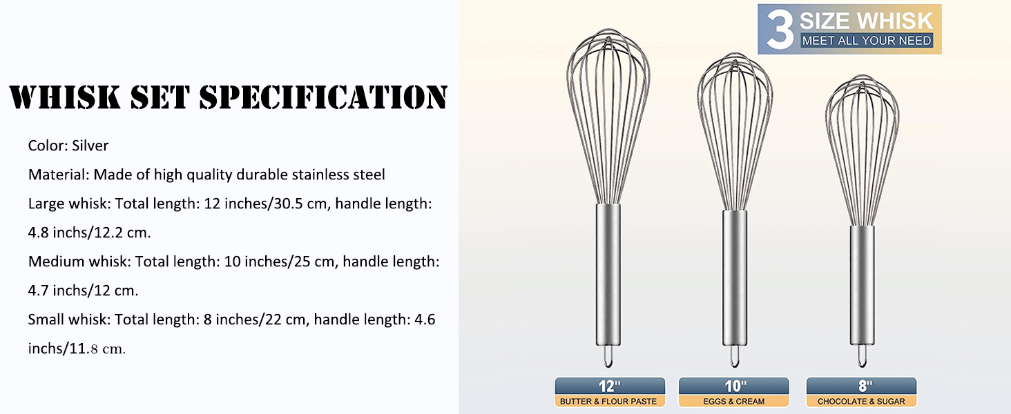 Polly Online Stainless Steel Whisk Set, 3 Packs Balloon Whisk for Cooking, Whisking, Blending (8