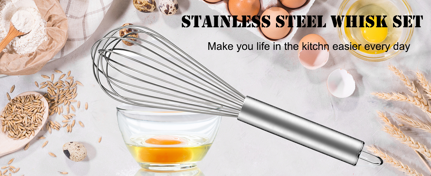 Polly Online Stainless Steel Whisk Set, 3 Packs Balloon Whisk for Cooking, Whisking, Blending (8
