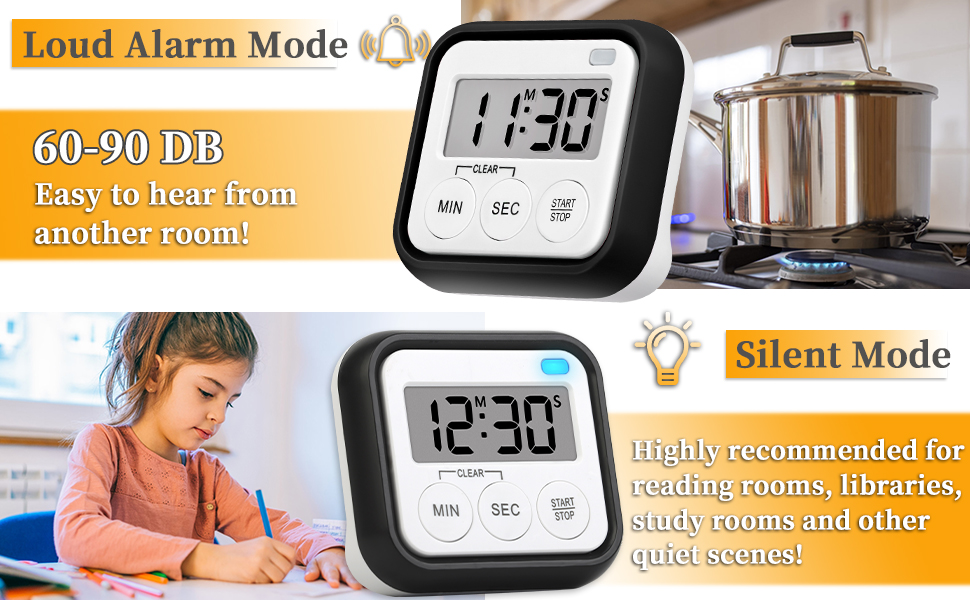 Timer, Kitchen Timers for Cooking Classroom Timer for Kids Teachers Magnetic Digital Timers 2 Pack, Black