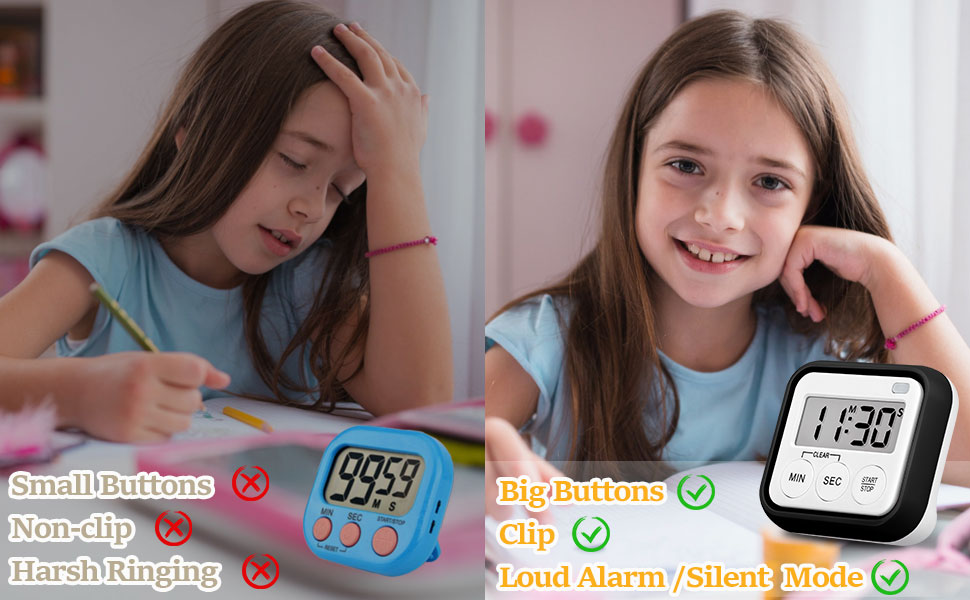 Timer, Kitchen Timers for Cooking Classroom Timer for Kids Teachers Magnetic Digital Timers 2 Pack, Black