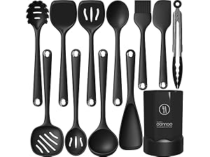 oannao Large Silicone Cooking Utensils Set - Heat Resistant Kitchen Utensils Sets,Spatula,Spoon,Turner Tongs,Whisk,Stainless Steel Cooking Utensil for Nonstick Cookware Dishwasher Safe (Black)