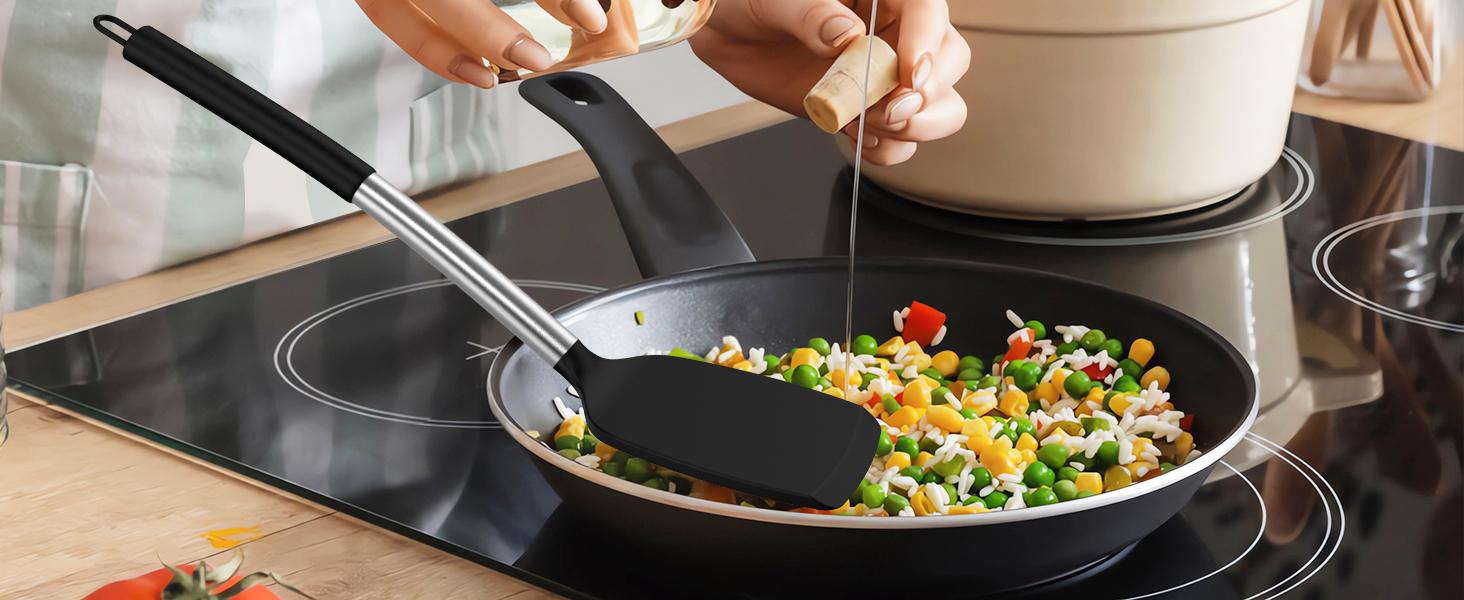 oannao Large Silicone Cooking Utensils Set - Heat Resistant Kitchen Utensils Sets,Spatula,Spoon,Turner Tongs,Whisk,Stainless Steel Cooking Utensil for Nonstick Cookware Dishwasher Safe (Black)