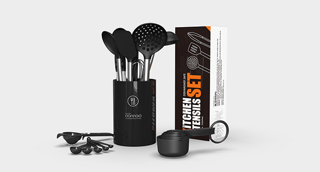 oannao Large Silicone Cooking Utensils Set - Heat Resistant Kitchen Utensils Sets,Spatula,Spoon,Turner Tongs,Whisk,Stainless Steel Cooking Utensil for Nonstick Cookware Dishwasher Safe (Black)