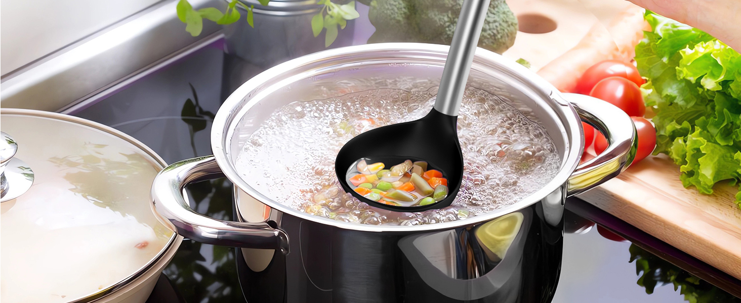 oannao Large Silicone Cooking Utensils Set - Heat Resistant Kitchen Utensils Sets,Spatula,Spoon,Turner Tongs,Whisk,Stainless Steel Cooking Utensil for Nonstick Cookware Dishwasher Safe (Black)